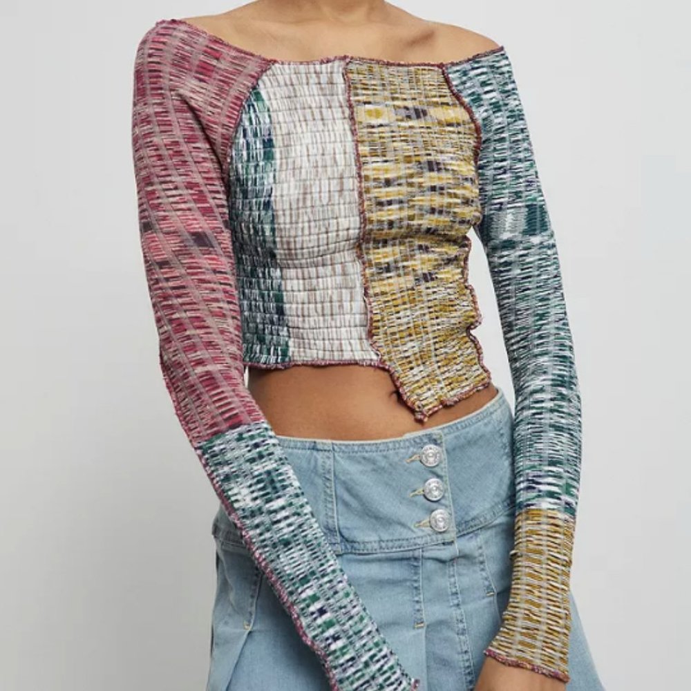 Urban Outfitters Patchwork Long Sleeve Crop Top